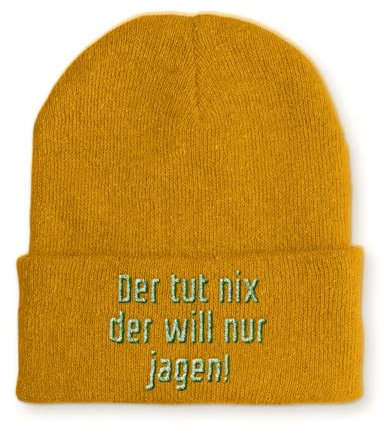 tshirtladen Beanie Mütze Der tut nix der will nur jagen! Statement Wintermütze, Farbe: Mustard