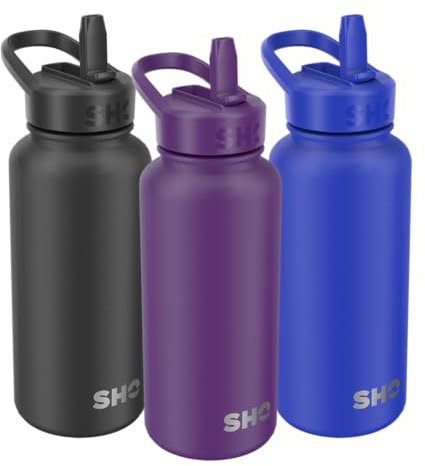 SHO Stainless Steel Guzzler Water Bottle with Straw Lid - Leakproof, Dishwasher Safe, BPA Free, No Sweat, Vacuum Insulated Double Walled Metal Flask, 950ml & 1900ml - 24 Hours Cold (Grape, 950ml)