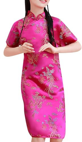 YCBMINGCAN Tout-petits, tout-petits, grands enfants, manches courtes, col montant, boucle dorée, cheongsam chinois, robe de Nouvel An, robe de vacances à carreaux, Rose, 7-8 ans