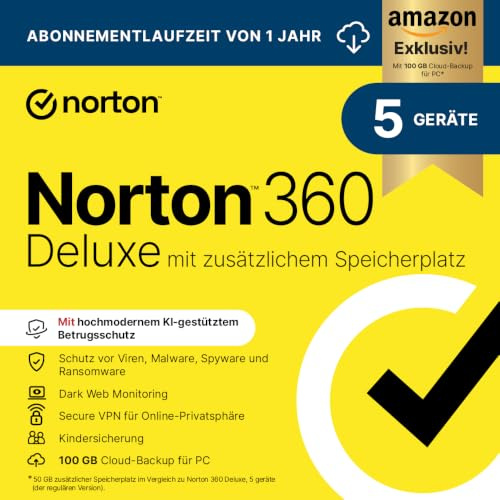 Norton 360 Deluxe mit extragroßer Backup-Kapazität – Amazon Exklusiv* 50GB zusätzlicher Cloud-Backup Speicher. Antivirus Software für 5 Geräte und einem Jahr Laufzeit