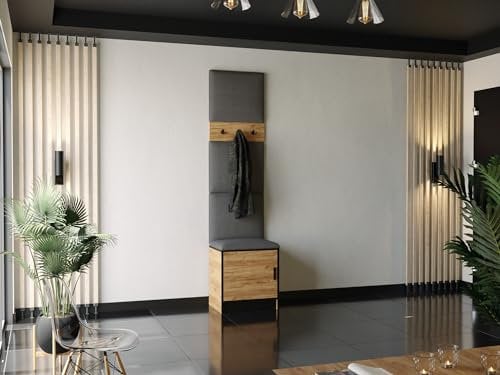 KIER FURNITURE Flurgarderobe Mit Gepolstertem Sitz Und Paneelen – Gardarobenstaender – Sitzbank Garderobe – Flurgarderobe Schmal – Farbe Eiche Craft Golden + Stoff Grau – 53,2 x 205 x 39 cm
