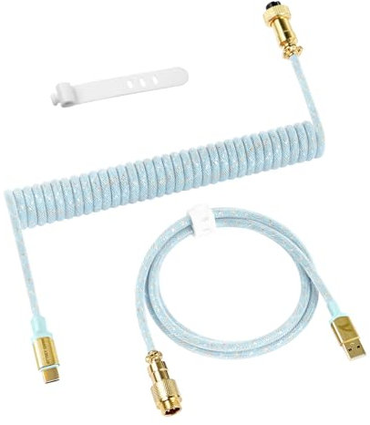 ATTACK SHARK C03 Coiled USB C Cable for Gaming Keyboard, Type-C to USB-A, PRO Custom Braided Double-sleeved Mechanical Keyboard Charger Cable with Gold-plate Detachable Aviator Connector, Sky Blue