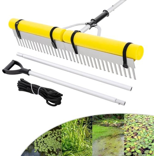GOPLUS Schwimmender Weed-See-Rechen, 92cm Breite Gartenrechen mit Verstellbarer Stange, Seil & Schwimmer, Faltbarer Teichrechen leicht aus Aluminium, Laubrechen Landschaftsrechen für Alge Laub Boden