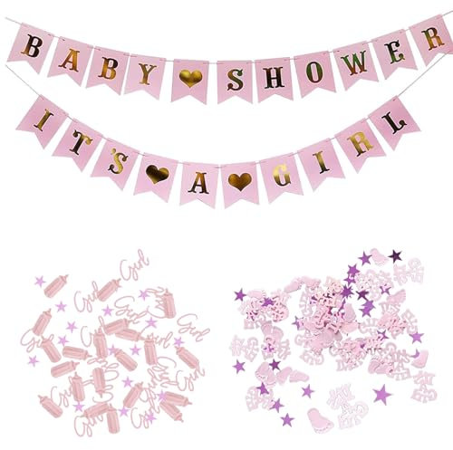 Baby Shower Konfetti und Banner Set, Dekoration für Babyparty, Deko Mädchen Rosa, It's a Girl Banner für Party, Gender Reveal Party