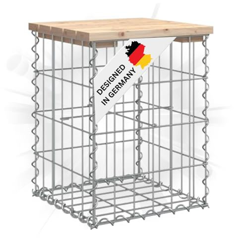 DELUKE Gartenbank Gabionen BIKS aus Stahl | 33x31x42cm Kiefernholz Natur | Gabionenbank Gartentisch aus Gabionen Steinkorb Gabionengitter Ziergabione Drahtkorb befüllbar