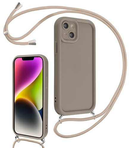 Coalbooliy Handyband für iPhone 14 Plus Hülle 6,7 mit Band, Handyhülle Kameraschutz Weiches Silikon Necklace Stoßfeste Schutzhülle mit Kordel zum Umhängen Cover für Mädchen Frauen, Khaki