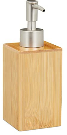 Relaxdays 2 Dispensadores Jabón, Rellenables, Botella con Bomba, Bambú y Plástico, 200 ml, Portajabones, Baño, Natural y Plateado