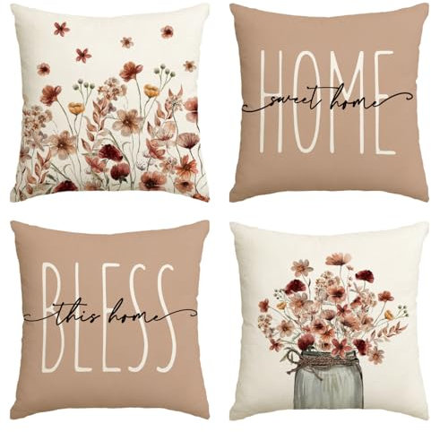 Artoid Mode Blumen Blätter Vase Herbst Kissenbezüge 4er Set, 45x45 cm Fall Home Sweet Home Zierkissenbezug Cushion Cover Couch Wohnzimmer Deko