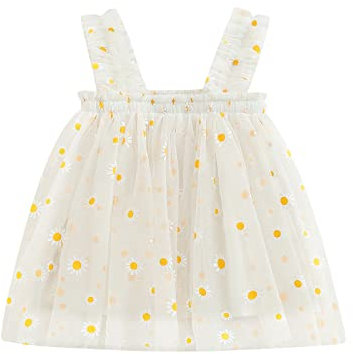 Geagodelia Vestito Neonata Principessa Bambina Abito in Tulle Elegante Senza Manica Stampa Margherita Tutu Tulle Bimba Estiva per Cerimonia Matrimonia Festa Compleanno (Bianco, 2-3 Years)