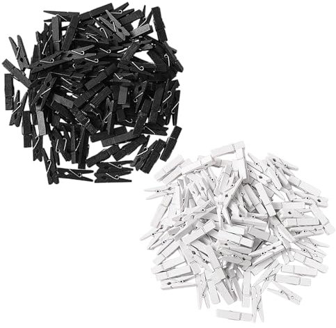 200 mini estantes de madera, mini estantes de fotos, pinzas de madera, pinzas para fotos, pequeñas pinzas para manualidades, accesorios de bricolaje (blanco, negro)