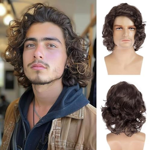 Qnbiar Herren Kurze Lockige Braun Perücke Hübsche Synthetische Natürliche Halloween Cosplay Kostüm Perücke