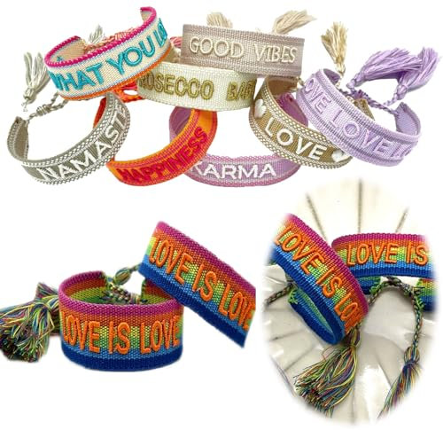 LS-LebenStil Exklusives Statement Armband Quasten besticktes Boho Canvas Webarmband (Love is Love Regenbogen)
