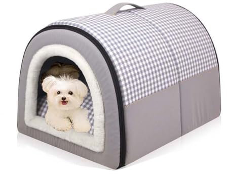 Dog House Kennel Bed, 2 In 1 Enclosed Warm Sleeping Cat Cave Dogs Nest Bed with Removable Cushion, Foldable Warm Dog Igloo House for Small Medium Large Dogs (60 * 43 * 40cm,Gray)