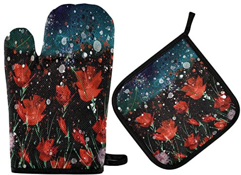 Ofenhandschuhe Magischer Mohn, Rotes Frühlingsgras Topfhandschuhe Hitzeresistente Topflappen Set Premium Qualität Kochhandschuhe Für Grillen Kochen Barbecue