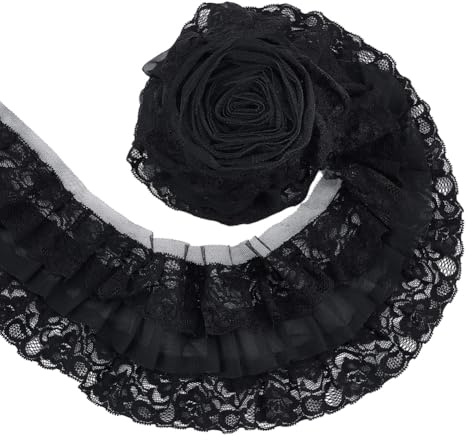 UNICRAFTALE 4.37 Yards 3 Lagiger Plissierter Organza Spitzenrandbesatz 4 Zoll Breites Gerafftes Rüschen Chiffonband Schwarzer Plissierter Randbesatz Stoff Zum Nähen von Stoffen Bestickte Applikationen