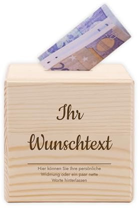 LAUBLUST Personalisierte Spardose - Wunschtext Motiv | Sparschwein aus Holz - Sparbox mit Ziel | Personalisierte Geschenke für Freunde, Familie, Kollegen | Sparbüchse als Geldgeschenk - Holz Geldbank