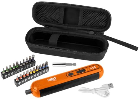 NEO TOOLS Akkuschrauber (4 Volt, 20 Bits, Aufbewahrungsbox) Multifunktionswerkzeug - Akkuschrauber mit LED, Ladestandsanzeige und Spindelarretierung