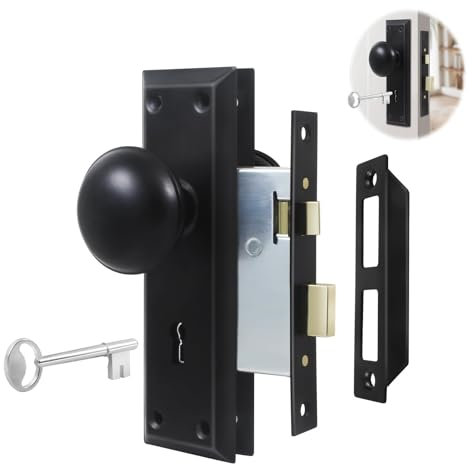 1 Pack Mortise Lock Set Interior Door with Matte Antique Door Knobs, Mortise Door Lock Wtih Skeleton Key Door Knob Set Used for 1-3/8 to 1-3/4 (35-45mm) Old Door (Matte Black)