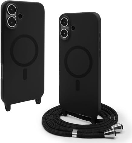 VAVAVOOMY Handykette Hülle für iPhone 16(6.1) mit Band Halsband Lanyard (abnehmbar) Handyhülle, Verstellbarer Lanyard.Magnetisch Stoßfest Silikonhülle Wireless Charging kompatibel .-Schwarz