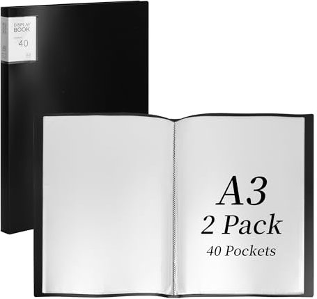 Aramanara 2 Pcs A3 Display Book Folder, 40 Pockets Portfolio Presentation Book, A3 Storage Art Folder with Clear Plastic Sleeves for Painting Diamond Artwork Report(Black)