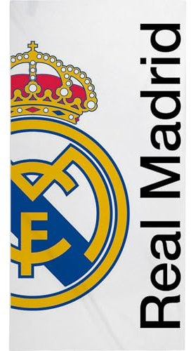 Serviette officielle Real Madrid avec motif exclusif, blason et couleurs du club, idéale pour la plage, la piscine, la salle de bain ou le sport, accessoire pratique pour les fans de football