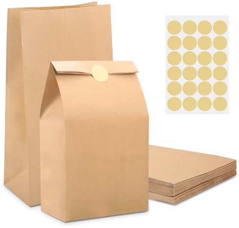MIEWAA 24 Braun Papiertüten Klein mit Aufklebern 15x9x28cm Geschenktüten Kindergeburtstag Tüten Kinder für Mitgebsel, Süßigkeiten, Geburtstag, Weihnachten, Hochzeit, Ostern, DIY Adventskalender