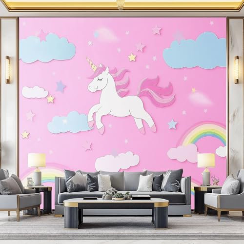 Photo Wallpaper Unicorn Fantasy Fairy Tale Non-Woven Premium Art Print Fleece Wall Mural Decoration Poster Picture Design Modern 250 x 175 cm Living Room Pink White