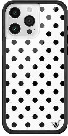 Wildflower Polka Dot Schutzhülle für Apple iPhone 15 Pro Max, schwarzer Schutzrahmen, sturzsicher bis 1,2 m, frauengeführtes Kleinunternehmen, schwarz/weiß gepunktet, ästhetisch, trendig, süß