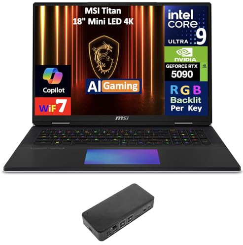 msi Titan AI Gaming Laptop 18 120Hz Mini LED 4K Display (Intel Ultra 9-285HX, GeForce RTX 5090 24GB, 64GB DDR5, 2x4TB PCIe SSD (8TB), Per Key RGB KB, 2 Thunderbolt 5, Win 11 Pro) w/USB-C Dock