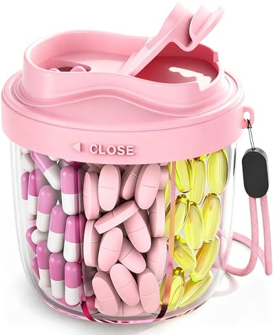 Pill Organizer,Pill Dispenser with 7 Large Compartments,Portable Pill Box Bottle Box with Wide Opening for Easy Use, Anti-Mix Tablet Organiser for Travel,Includes 20 Pcs Sticky Labels（Pink）