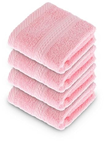 HOMESCAPES Pink Turkish Cotton Set of 4 Face Cloths Flannel Super Soft Thick & Absorbent 500 GSM Towel Heavy Weight for everyday Luxury