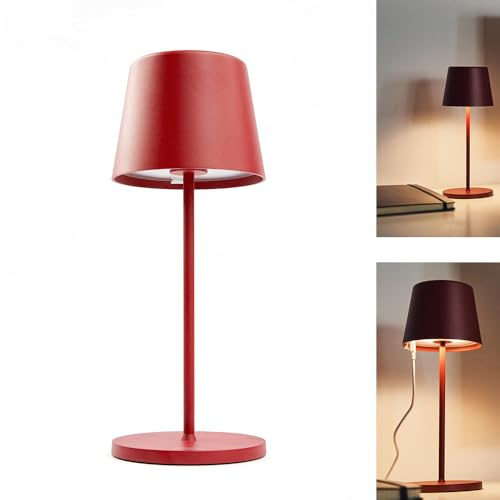 NCC-Licht LED Akku Tischlampe kabellos Rot matt, warmweißes Licht, stufenlos dimmbar, IP65 für innen & außen, aufladbar mit USB-Kabel