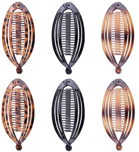 YFTRFR 6 Pièces Pinces À La Banane, Double Peigne Accessoires de Coiffure Queue de Poisson Clip Classique pour Sport la Vie Quotidienne, Femmes Cheveux Longs, Bouclés et Raides(3 Couleur)