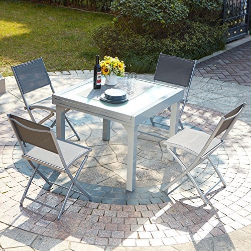 CONCEPT USINE - Salon de Jardin Aluminium Acier - Ensemble Mobilier Extérieur : Table Extensible Verre Trempé Rallonge Coulissante + 4 Chaises Pliables - Gris Clair - Design Molvina - Résiste à l'eau