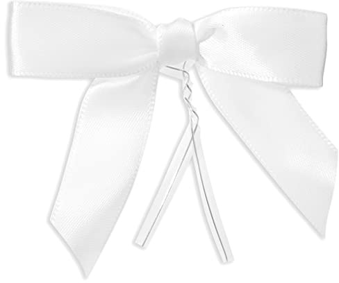 White Twist Tie Bows, 100-Pack of Pre-Tied Satin Ribbon Bows for Party Favours, Gift Bags, 6.3 x 7.6 cm Each