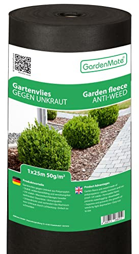 GardenMate 25m² Unkrautvlies Gartenvlies wasserdurchlässig – Unkrautfolie Gartenflies – Unkrautflies auf Rolle 1m x 25m - 50g/m² – Gartenfolie Reißfestes Unkrautschutzvlies - Hohe UV-Stabilisierung