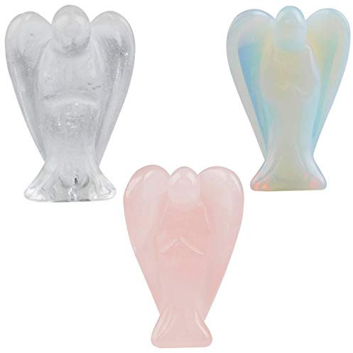 KYEYGWO Ange Gardien en Pierre, Statuette de Porte-Bonheur Ange de Poche Décoratif en Pierre Semi-Précieuse pour Protection 1.5, Lot de 3, Cristal de Roche/Quartz Rose/Opalite