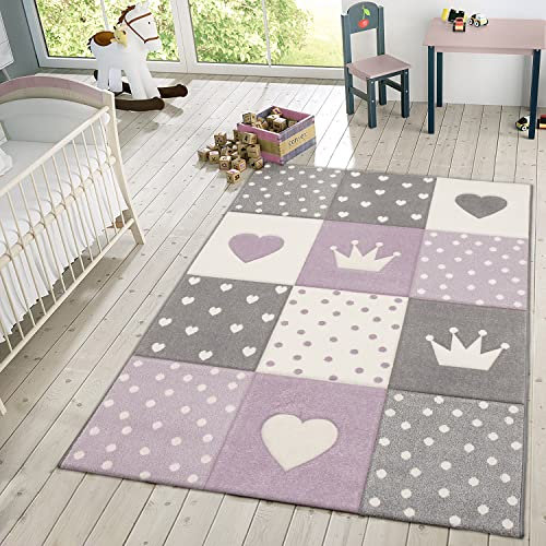 TT Home Kinder Teppich Spielteppich Karos Punkte Sterne Herzen Pastell Lila Grau, Größe:Ø 200 cm Rund