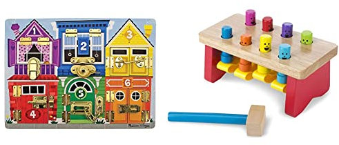 Melissa & Doug Wooden Latches Board | Busy Board Wooden Toy | Developmental Toy | Motor Skills | Problem Solving | 3+ | Gift for Boy or Girl & Deluxe Pounding Bench, Developmental Toy
