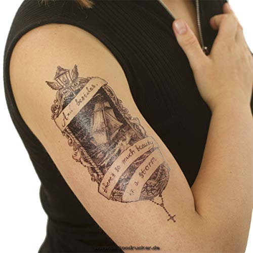 1 x Schiff XL Tattoo in schwarz - Lampe, Rosenkranz, Banner - Temporary Body Tattoo - XQB022 (1)