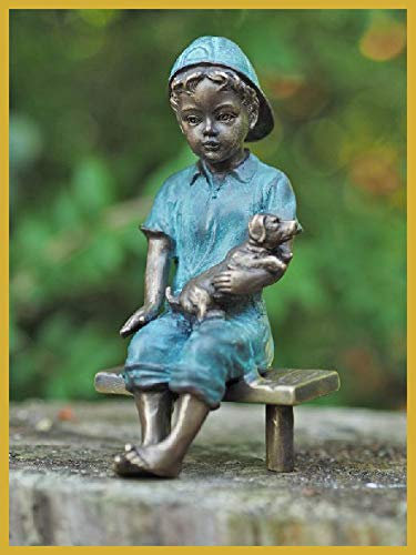 IDYL Bronze-Skulptur Junge mit einem Hund | 15x8x8 cm | Kinderfigur aus Bronze handgefertigt | Gartenskulptur oder Wohnbereich-Dekoration | Hochwertiges Kunsthandwerk | Wetterfest