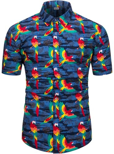 fohemr Funky Hawaiian Shirts for Men Short Sleeve Tropical Button Down Summer Beach Shirts Navy Medium