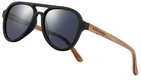 WOODONLY Lunettes de Soleil Pilot en Bois Polarisées - Lunettes de Soleil en Bois Moderne pour Hommes et Femmes - Cadeaux Parfaits (Noir, noyer)