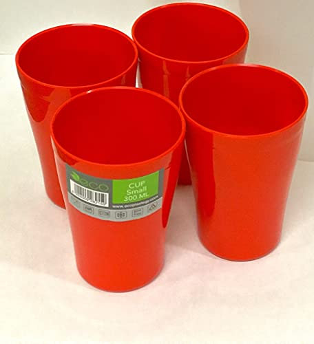 ECO 4 Pack Hard 300ml Plastic Cups Reusable | Stackable Plastic Tumblers for Parties | Red Toddler Cup for Everyday Use | Unbreakable Kids Cups for Picnics, BBQ and Travels (Small 300ml, Red)