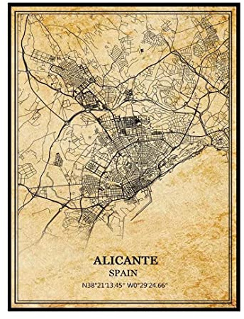 TANOKCRS Alicante España Cartel Vintage Mapa Arte de la pared Arte de la Ciudad Carretera Impresión Viaje Recuerdo Regalo Decoración del Hogar Sin Marco