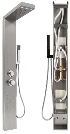 MINGYI Colonne de Douche Hydromassante, avec Douchette et Pommeau, 4 Modes de Douche, Connecteur DIN Standard 1/2'' (Argent, 15×130 cm)