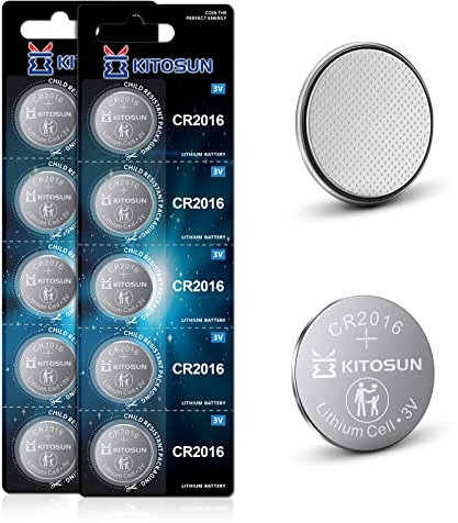 KITOSUN CR2016 Batteries 3V Lithium Cell - Premium Coin Button Battery for Car Key Fob Remote LED Light Candles Glucose Monitor Doorbell Accessories 3 Volt 2016 Battery (10 Pcs)