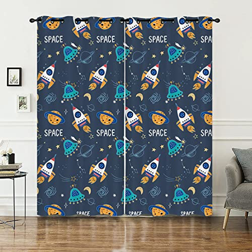 HOSIMA Weltraum Vorhänge Blickdicht Gardinen Mit Ösen,2-Set 140x260cm Raumschiff UFO Niedlich weiche Verdunklungsvorhänge für Wohnzimmer Kinderzimmer(Weltraum 140x260cm)