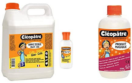 Cléopâtre - Colle blanche vinylique au format de 2 kg + 1 flacon de 100gr rechargeable & CLEOPATRE - Produit magique pour faire du Slime format de 250ml