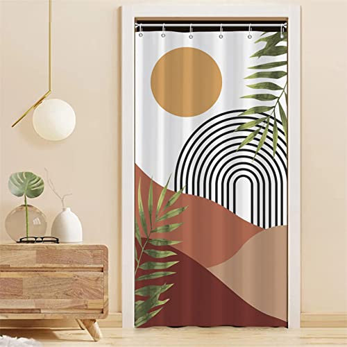 MIRRORANG Boho Stallo Tenda da Doccia, Arco Sole e Foglia Elemento Tenda da Doccia Set con 6 Ganci, Tende da Bagno Tessuto Durevole Lavabile in Lavatrice,92x183cm
